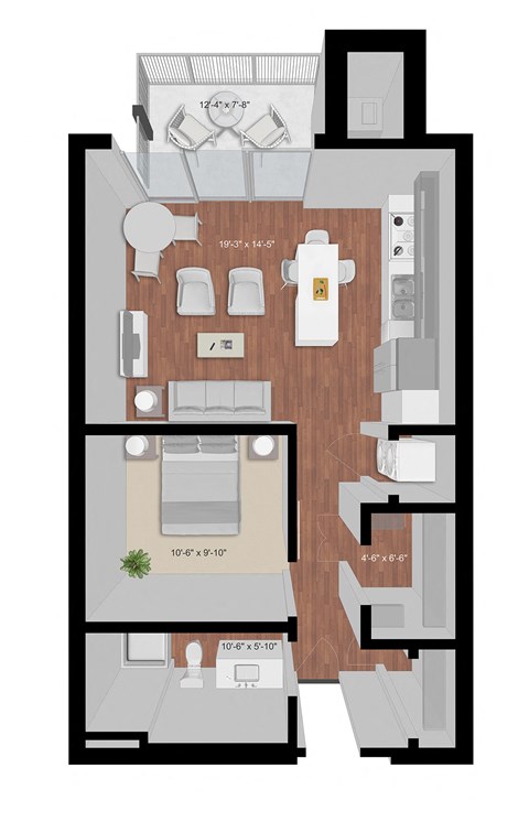 Floor plan for 1 bed, 1 bath, 668 sqft
